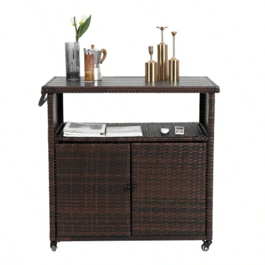 Outdoor Wicker Bar Cart, Patio Wine Serving Cart/Wheels, Rolling Rattan Beverage Bar Counter Table/Glass Top Porch Backyard Garden Poolside Party, Light brown