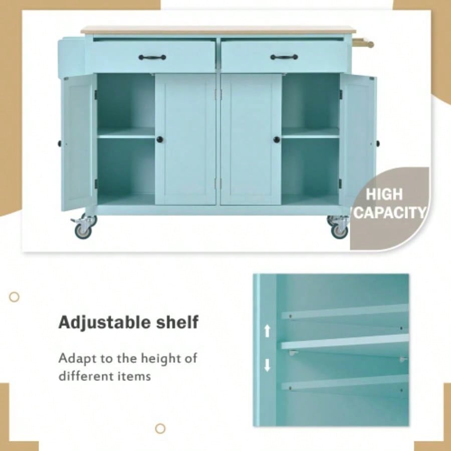 Kitchen Island Cart with 4 Door Cabinet and Two Drawers and 2 Locking Wheels - Solid Wood Top, Adjustable Shelves, Spice Towel RackMint Green