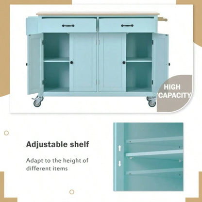 Kitchen Island Cart with 4 Door Cabinet and Two Drawers and 2 Locking Wheels - Solid Wood Top, Adjustable Shelves, Spice Towel RackMint Green