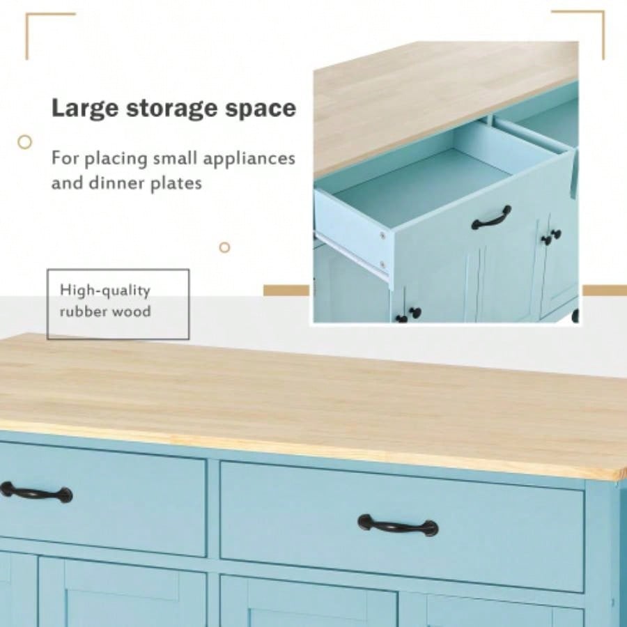 Kitchen Island Cart with 4 Door Cabinet and Two Drawers and 2 Locking Wheels - Solid Wood Top, Adjustable Shelves, Spice Towel RackMint Green