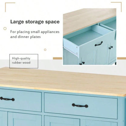 Kitchen Island Cart with 4 Door Cabinet and Two Drawers and 2 Locking Wheels - Solid Wood Top, Adjustable Shelves, Spice Towel RackMint Green