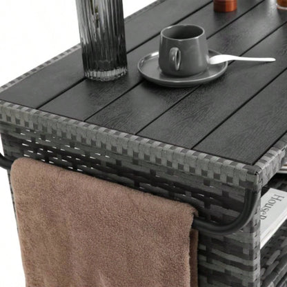 Outdoor Wicker Bar Cart, Patio Wine Serving Cart/Wheels, Rolling Rattan Beverage Bar Counter Table/Glass Top Porch Backyard Garden Poolside Party, Light brown