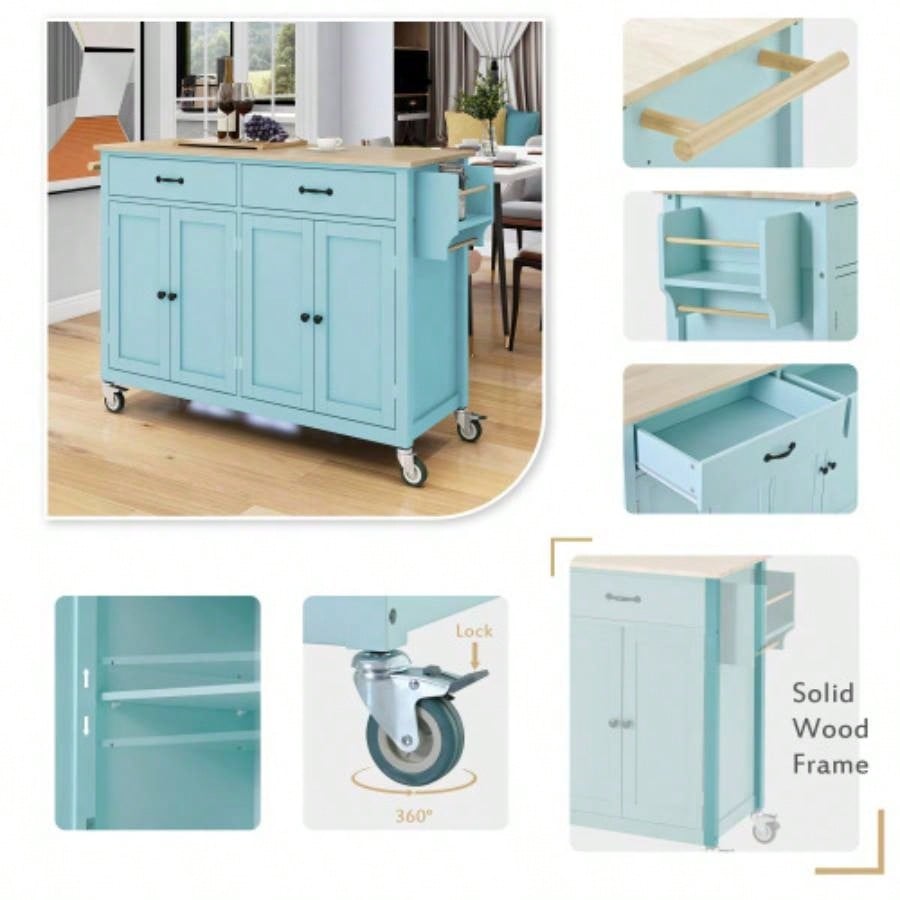 Kitchen Island Cart with 4 Door Cabinet and Two Drawers and 2 Locking Wheels - Solid Wood Top, Adjustable Shelves, Spice Towel RackMint Green