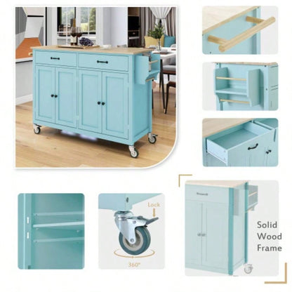 Kitchen Island Cart with 4 Door Cabinet and Two Drawers and 2 Locking Wheels - Solid Wood Top, Adjustable Shelves, Spice Towel RackMint Green