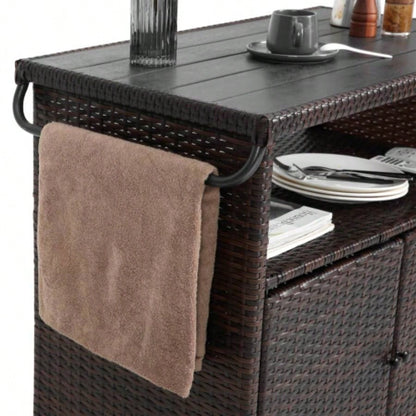 Outdoor Wicker Bar Cart, Patio Wine Serving Cart/Wheels, Rolling Rattan Beverage Bar Counter Table/Glass Top Porch Backyard Garden Poolside Party, Light brown