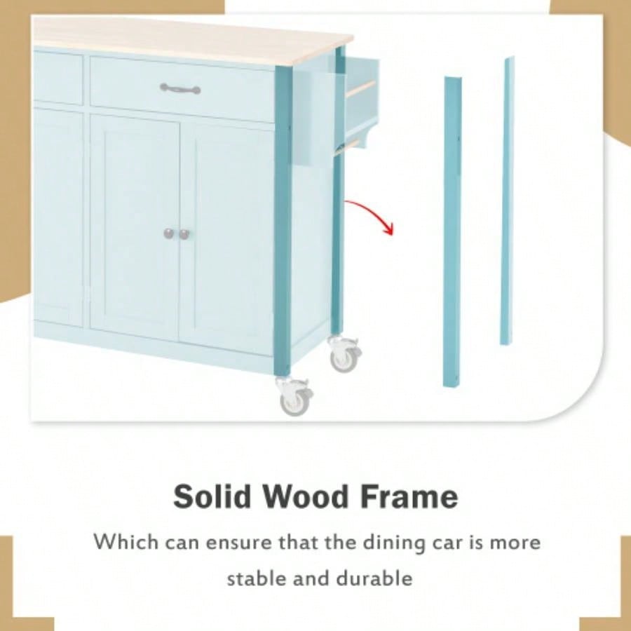 Kitchen Island Cart with 4 Door Cabinet and Two Drawers and 2 Locking Wheels - Solid Wood Top, Adjustable Shelves, Spice Towel RackMint Green
