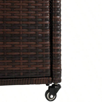 Outdoor Wicker Bar Cart, Patio Wine Serving Cart/Wheels, Rolling Rattan Beverage Bar Counter Table/Glass Top Porch Backyard Garden Poolside Party, Light brown