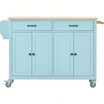 Kitchen Island Cart with 4 Door Cabinet and Two Drawers and 2 Locking Wheels - Solid Wood Top, Adjustable Shelves, Spice Towel RackMint Green