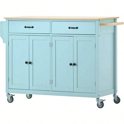 Kitchen Island Cart with 4 Door Cabinet and Two Drawers and 2 Locking Wheels - Solid Wood Top, Adjustable Shelves, Spice Towel RackMint Green
