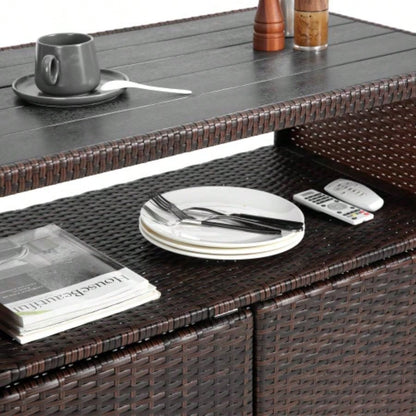 Outdoor Wicker Bar Cart, Patio Wine Serving Cart/Wheels, Rolling Rattan Beverage Bar Counter Table/Glass Top Porch Backyard Garden Poolside Party, Light brown