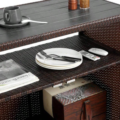 Outdoor Wicker Bar Cart, Patio Wine Serving Cart/Wheels, Rolling Rattan Beverage Bar Counter Table/Glass Top Porch Backyard Garden Poolside Party, Light brown