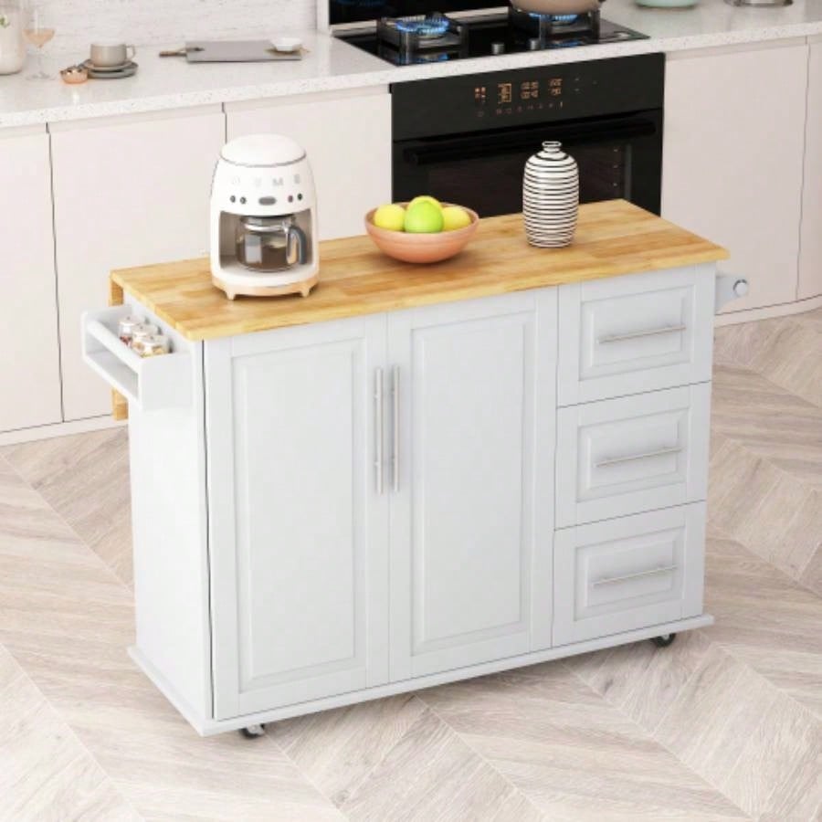 Kitchen Island Cart with 2 Door Cabinet and Three Drawers, 43.31 Inch Width with Spice Rack, Towel Rack White