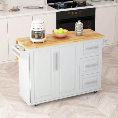 Kitchen Island Cart with 2 Door Cabinet and Three Drawers, 43.31 Inch Width with Spice Rack, Towel Rack White