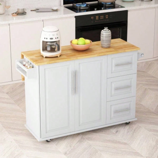 Kitchen Island Cart with 2 Door Cabinet and Three Drawers, 43.31 Inch Width with Spice Rack, Towel Rack White