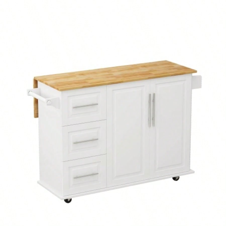 Kitchen Island Cart with 2 Door Cabinet and Three Drawers, 43.31 Inch Width with Spice Rack, Towel Rack White