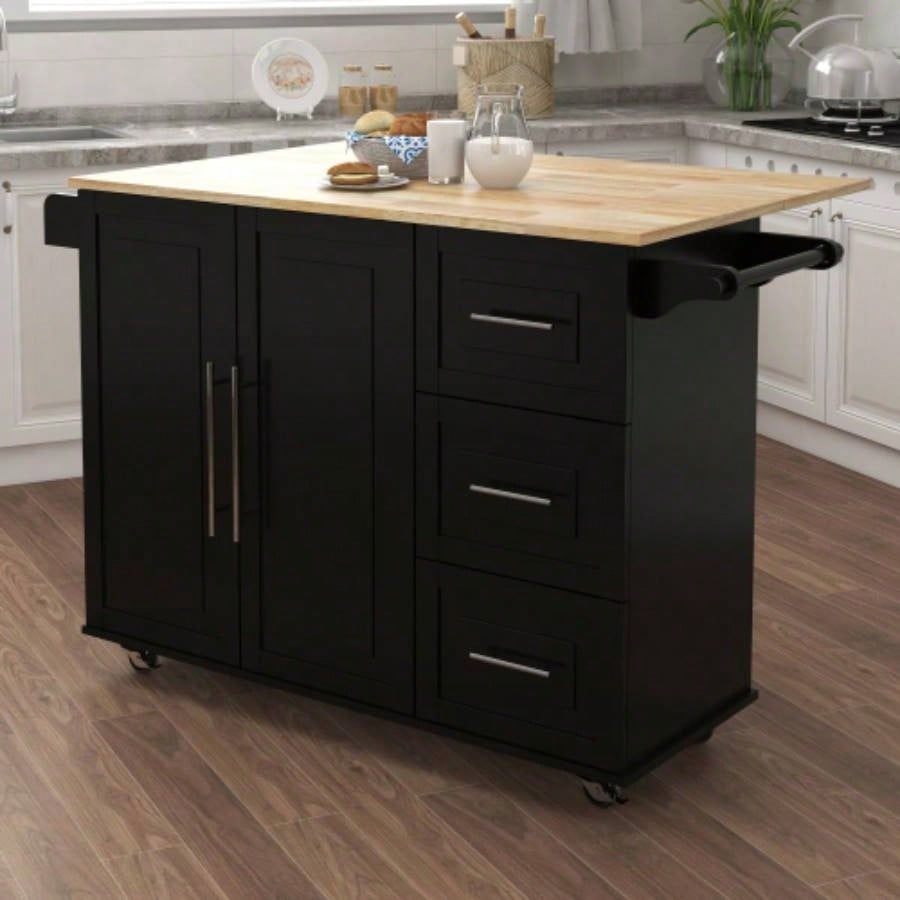Kitchen Island with Spice Rack, Towel Rack and Extensible Solid Wood Table Top - Black