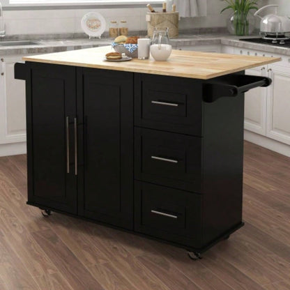Kitchen Island with Spice Rack, Towel Rack and Extensible Solid Wood Table Top - Black