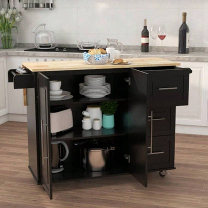 Kitchen Island with Spice Rack, Towel Rack and Extensible Solid Wood Table Top - Black