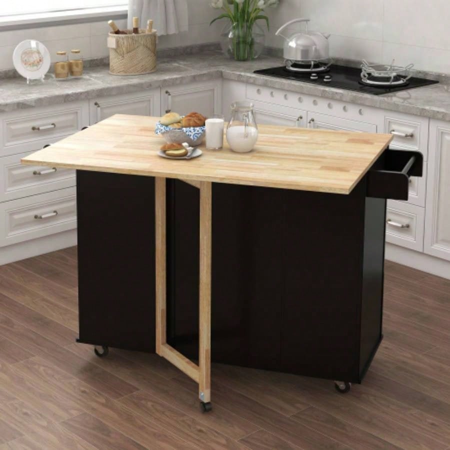 Kitchen Island with Spice Rack, Towel Rack and Extensible Solid Wood Table Top - Black