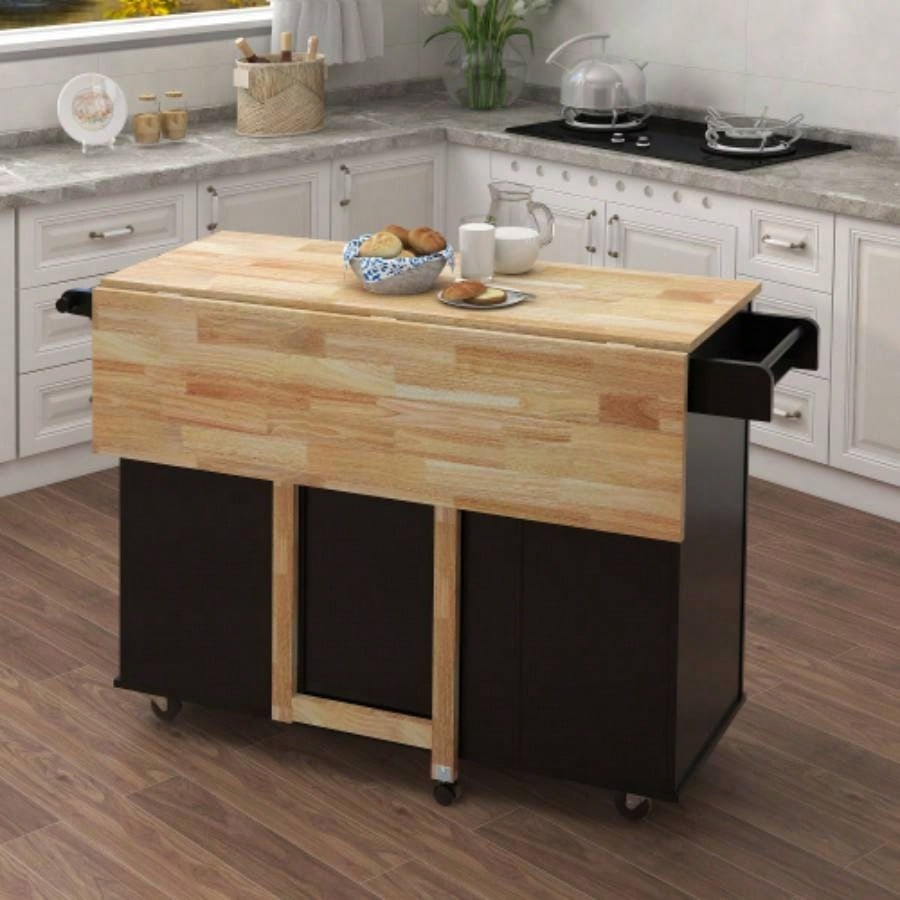 Kitchen Island with Spice Rack, Towel Rack and Extensible Solid Wood Table Top - Black