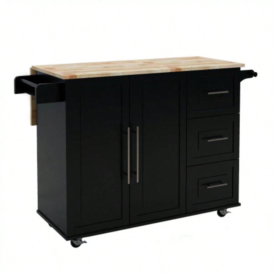 Kitchen Island with Spice Rack, Towel Rack and Extensible Solid Wood Table Top - Black