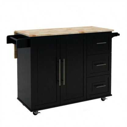 Kitchen Island with Spice Rack, Towel Rack and Extensible Solid Wood Table Top - Black