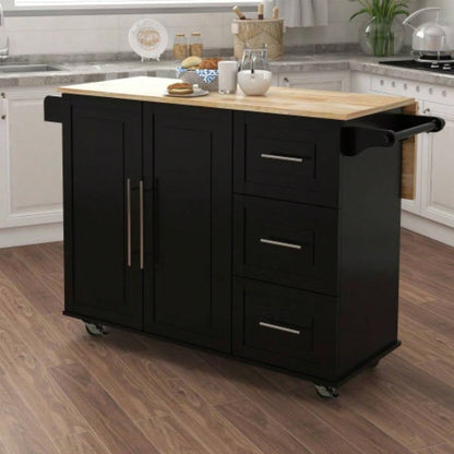 Kitchen Island with Spice Rack, Towel Rack and Extensible Solid Wood Table Top - Black
