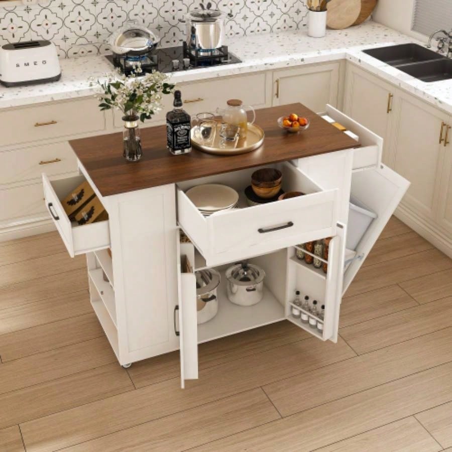 46 Kitchen Island on Wheels with Storage Power Outlet - Movable Rustic Breakfast Bar Table, Wood Top with Adjustable Shelf Drawer Kitchen Dining Living Room, White