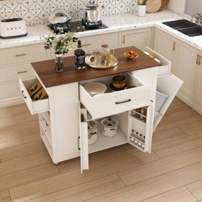 46 Kitchen Island on Wheels with Storage Power Outlet - Movable Rustic Breakfast Bar Table, Wood Top with Adjustable Shelf Drawer Kitchen Dining Living Room, White