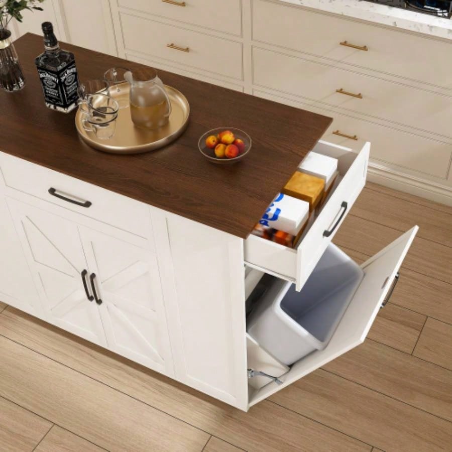 46 Kitchen Island on Wheels with Storage Power Outlet - Movable Rustic Breakfast Bar Table, Wood Top with Adjustable Shelf Drawer Kitchen Dining Living Room, White