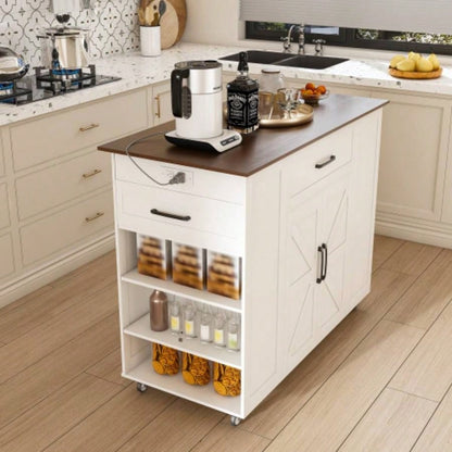46 Kitchen Island on Wheels with Storage Power Outlet - Movable Rustic Breakfast Bar Table, Wood Top with Adjustable Shelf Drawer Kitchen Dining Living Room, White