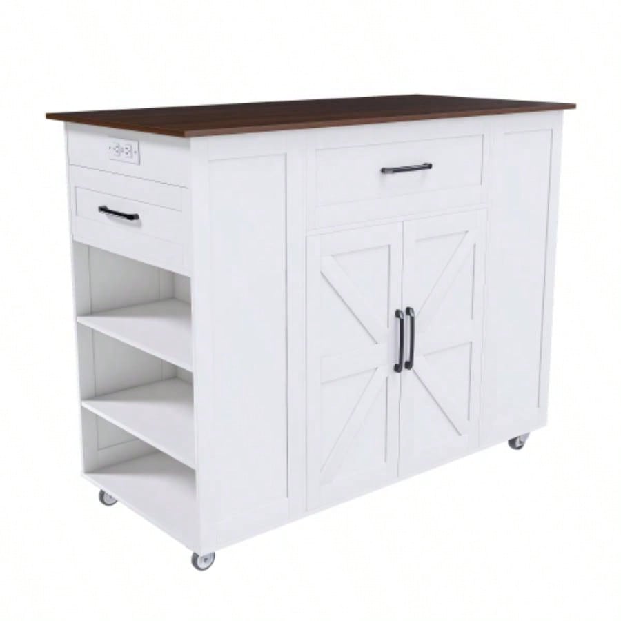 46 Kitchen Island on Wheels with Storage Power Outlet - Movable Rustic Breakfast Bar Table, Wood Top with Adjustable Shelf Drawer Kitchen Dining Living Room, White