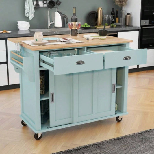 Kitchen Cart with Rubber wood Drop - Leaf Countertop, Concealed sliding barn door adjustable height, Kitchen Island on 4 Wheels with Storage Cabinet and 2 Drawers, L52.2xW30.5xH36.6 inch, Mint Green