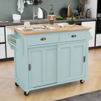 Kitchen Cart with Rubber wood Drop - Leaf Countertop, Concealed sliding barn door adjustable height, Kitchen Island on 4 Wheels with Storage Cabinet and 2 Drawers, L52.2xW30.5xH36.6 inch, Mint Green