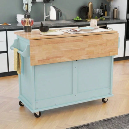Kitchen Cart with Rubber wood Drop - Leaf Countertop, Concealed sliding barn door adjustable height, Kitchen Island on 4 Wheels with Storage Cabinet and 2 Drawers, L52.2xW30.5xH36.6 inch, Mint Green