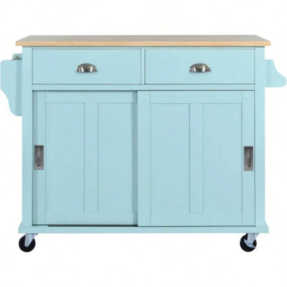 Kitchen Cart with Rubber wood Drop - Leaf Countertop, Concealed sliding barn door adjustable height, Kitchen Island on 4 Wheels with Storage Cabinet and 2 Drawers, L52.2xW30.5xH36.6 inch, Mint Green