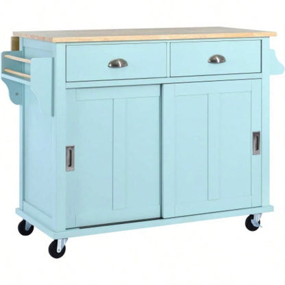 Kitchen Cart with Rubber wood Drop - Leaf Countertop, Concealed sliding barn door adjustable height, Kitchen Island on 4 Wheels with Storage Cabinet and 2 Drawers, L52.2xW30.5xH36.6 inch, Mint Green