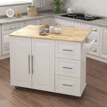 Kitchen Island with Spice Rack, Towel Rack and Extensible Solid Wood Table Top - White