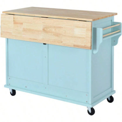 Kitchen Cart with Rubber wood Drop - Leaf Countertop, Concealed sliding barn door adjustable height, Kitchen Island on 4 Wheels with Storage Cabinet and 2 Drawers, L52.2xW30.5xH36.6 inch, Mint Green