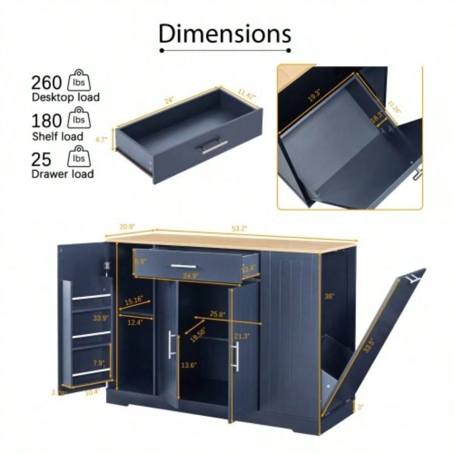 53 Kitchen Storage Islands with Drawers and Trash Can Storage Kitchen Dining. Modern Farmhouse Design, Navy Blue, 53.2x 20.9Dx 38.0H.