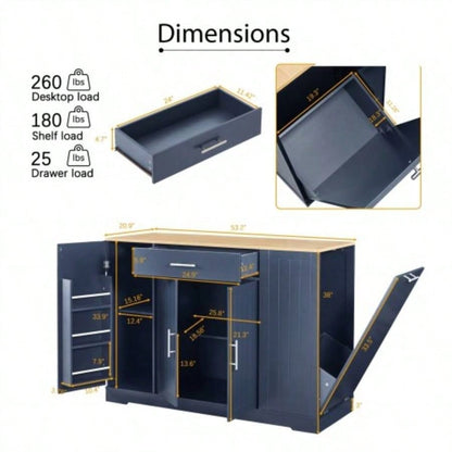 53 Kitchen Storage Islands with Drawers and Trash Can Storage Kitchen Dining. Modern Farmhouse Design, Navy Blue, 53.2x 20.9Dx 38.0H.