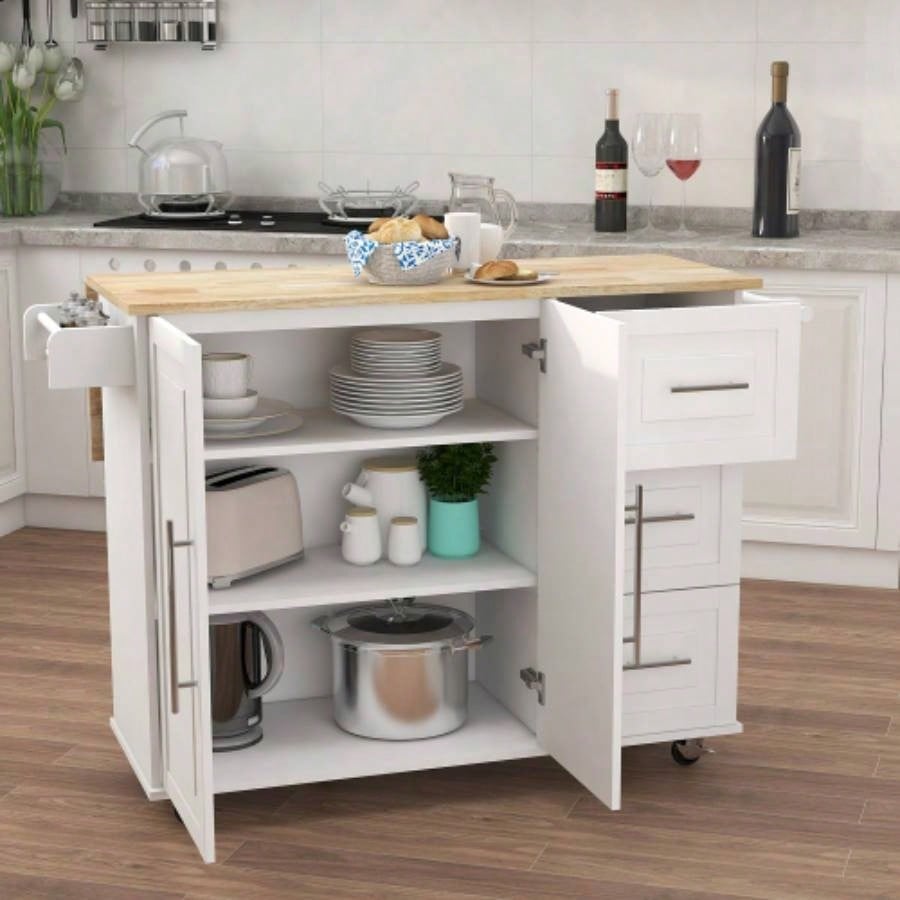 Kitchen Island with Spice Rack, Towel Rack and Extensible Solid Wood Table Top - White