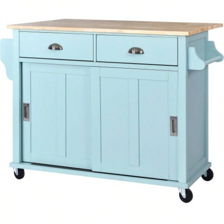 Kitchen Cart with Rubber wood Drop - Leaf Countertop, Concealed sliding barn door adjustable height, Kitchen Island on 4 Wheels with Storage Cabinet and 2 Drawers, L52.2xW30.5xH36.6 inch, Mint Green