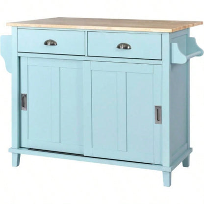 Kitchen Cart with Rubber wood Drop - Leaf Countertop, Concealed sliding barn door adjustable height, Kitchen Island on 4 Wheels with Storage Cabinet and 2 Drawers, L52.2xW30.5xH36.6 inch, Mint Green