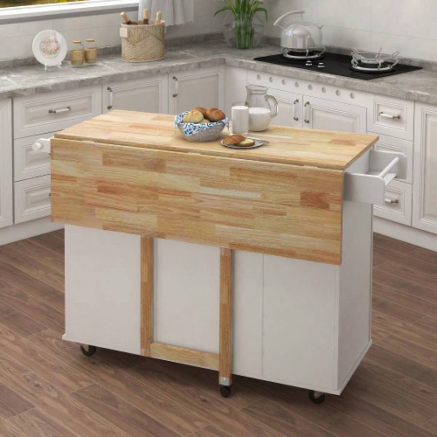 Kitchen Island with Spice Rack, Towel Rack and Extensible Solid Wood Table Top - White