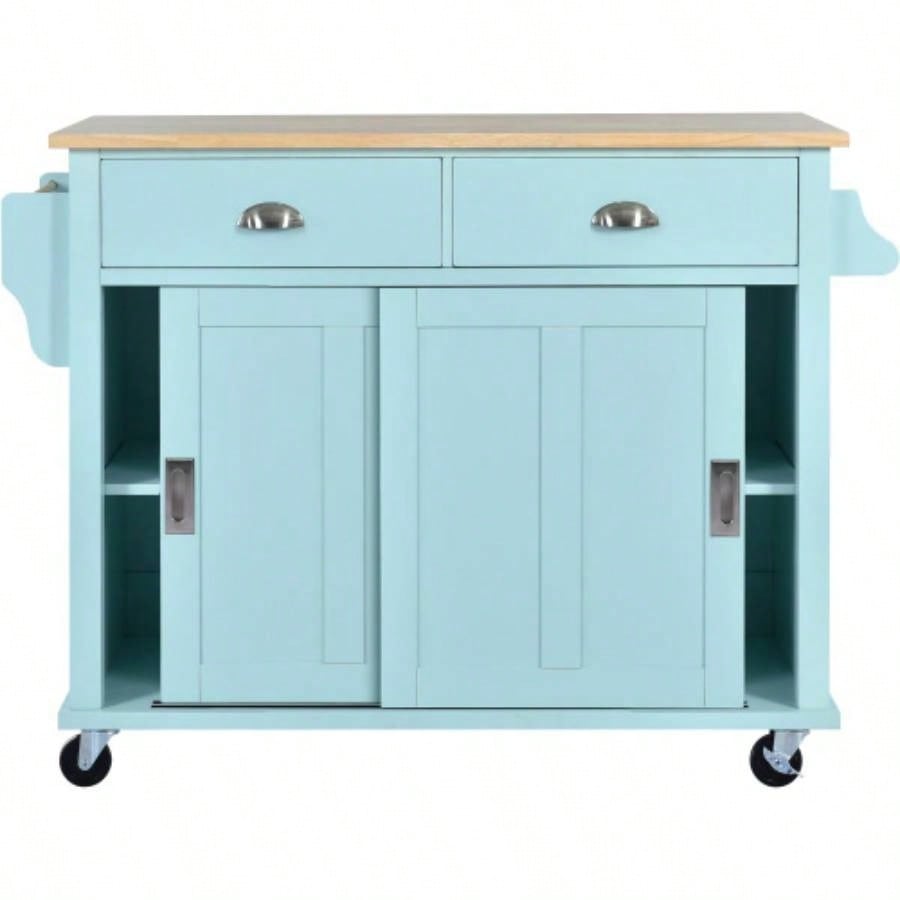 Kitchen Cart with Rubber wood Drop - Leaf Countertop, Concealed sliding barn door adjustable height, Kitchen Island on 4 Wheels with Storage Cabinet and 2 Drawers, L52.2xW30.5xH36.6 inch, Mint Green