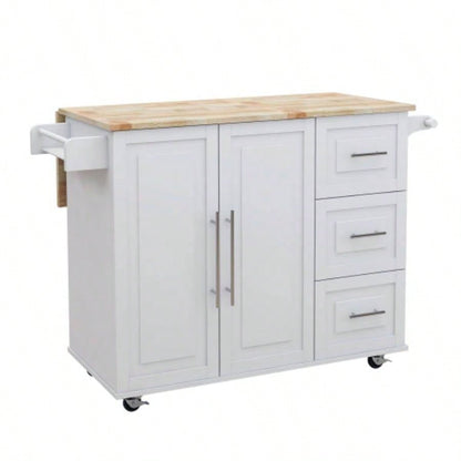 Kitchen Island with Spice Rack, Towel Rack and Extensible Solid Wood Table Top - White