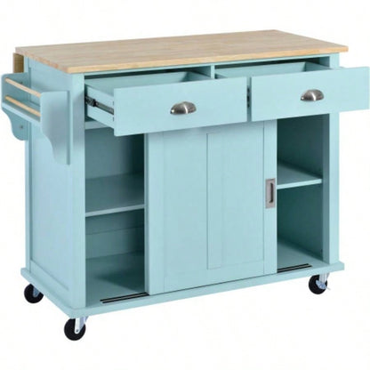 Kitchen Cart with Rubber wood Drop - Leaf Countertop, Concealed sliding barn door adjustable height, Kitchen Island on 4 Wheels with Storage Cabinet and 2 Drawers, L52.2xW30.5xH36.6 inch, Mint Green