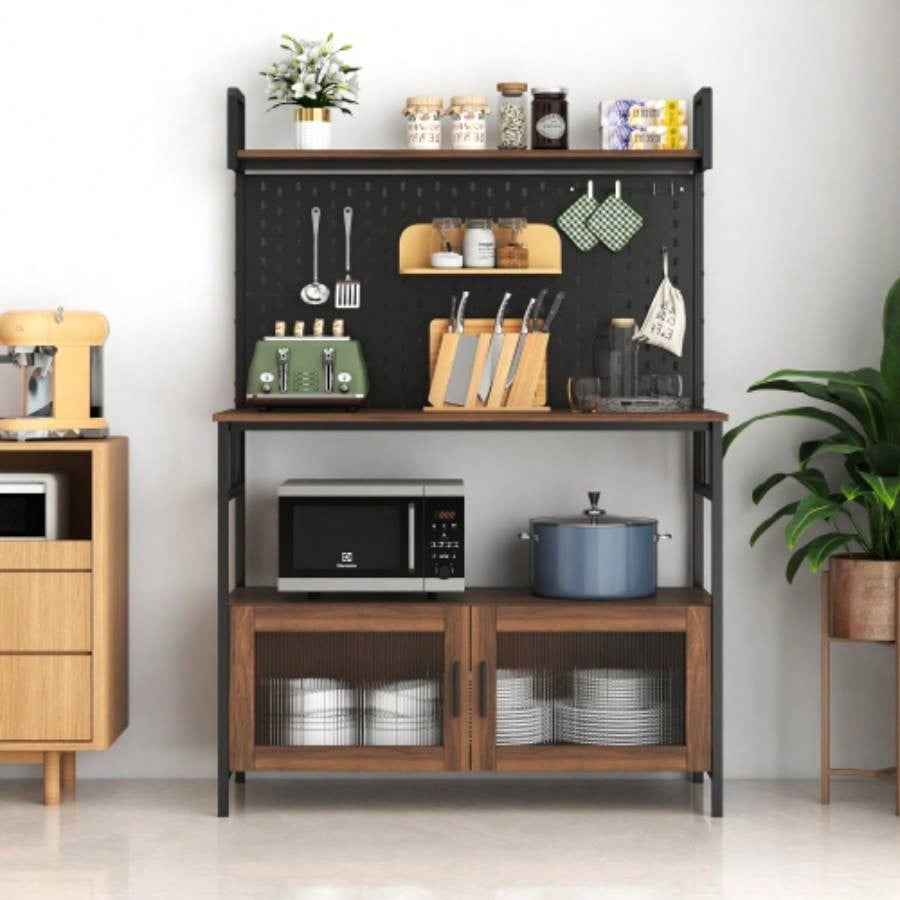 Kitchen Bakers Rack with Door, Microwave Oven Stand, Utility Storage Shelf, Durable Kitchen Organizer Small Spaces