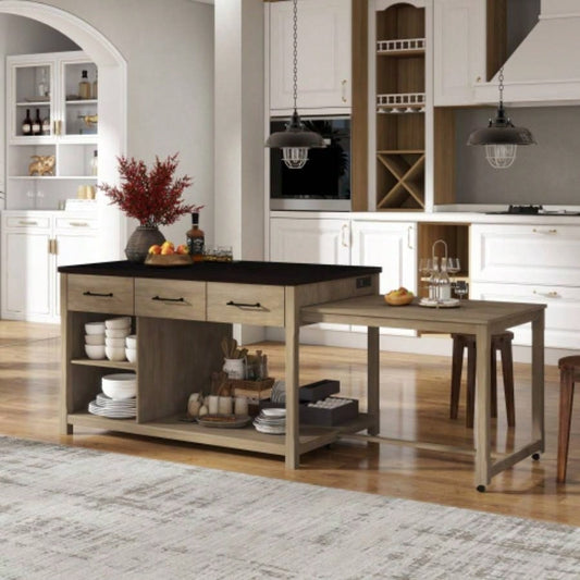 TREXM Extendable Kitchen Island with Storage, Multi - Functional Kitchen Cart with Built - In Power Outlets, Retro Kitchen Island on Wheels with Drawers and Open Shelves Kitchen Espresso+Natural
